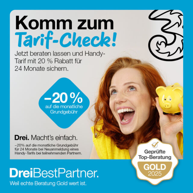 Du findest deinen Tarif gut? 🤔 Womöglich geht’s aber noch besser! 🚀⁠
Komm bei uns im Shop vorbei 🏪, lass deinen Tarif checken ✅ und sichere dir bei Neuanmeldung eines Handytarifs von Drei 📱 20 % Rabatt 🎉 auf die monatliche Grundgebühr für 24 Monate 🤑.⁠
Wir beraten dich gerne! 😊⁠
⁠
#mobile5 #Handyshop #Kundenversteher (m,w,d) #Drei #Tarifcheck